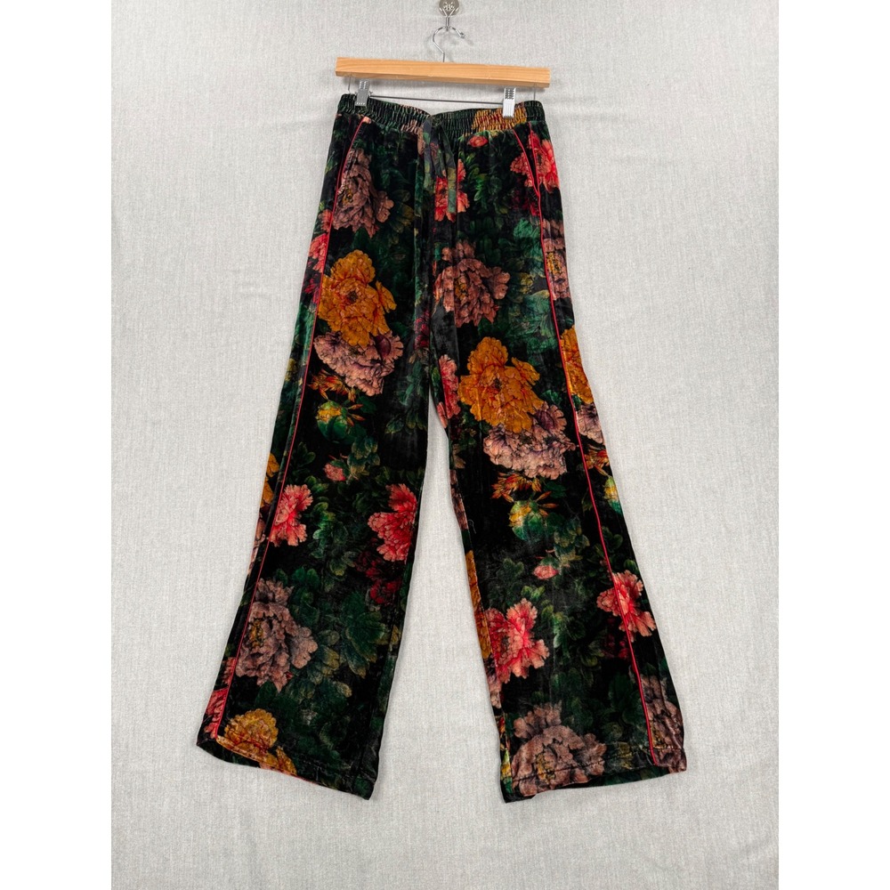 Johnny Was Sanne Velvet Wide Leg Pants Silk Blend Floral Print Small Black Red